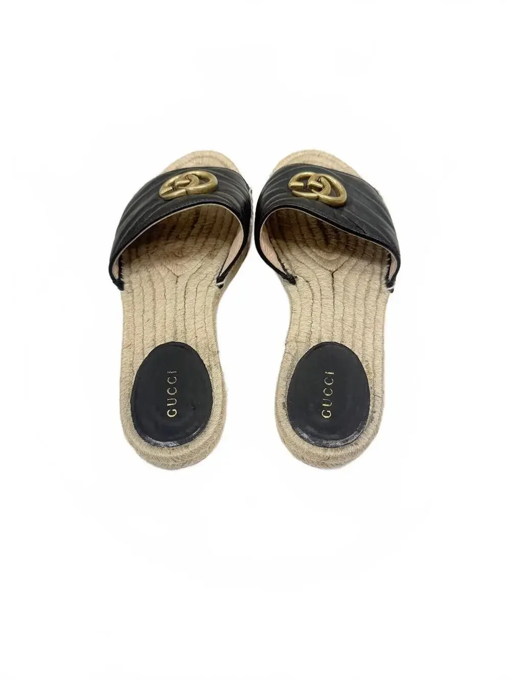 Gucci Marmont Matelasse Leather Espadrille Slide Sandal Black Sz 37.5 US 7.5